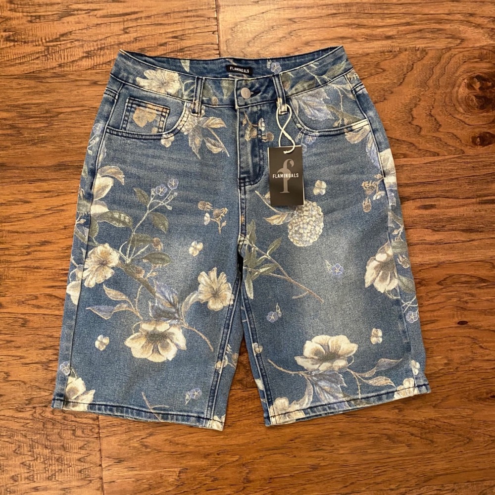 Flamingals Floral Denim Bermuda Shorts Women Size S Blue High Waisted New
